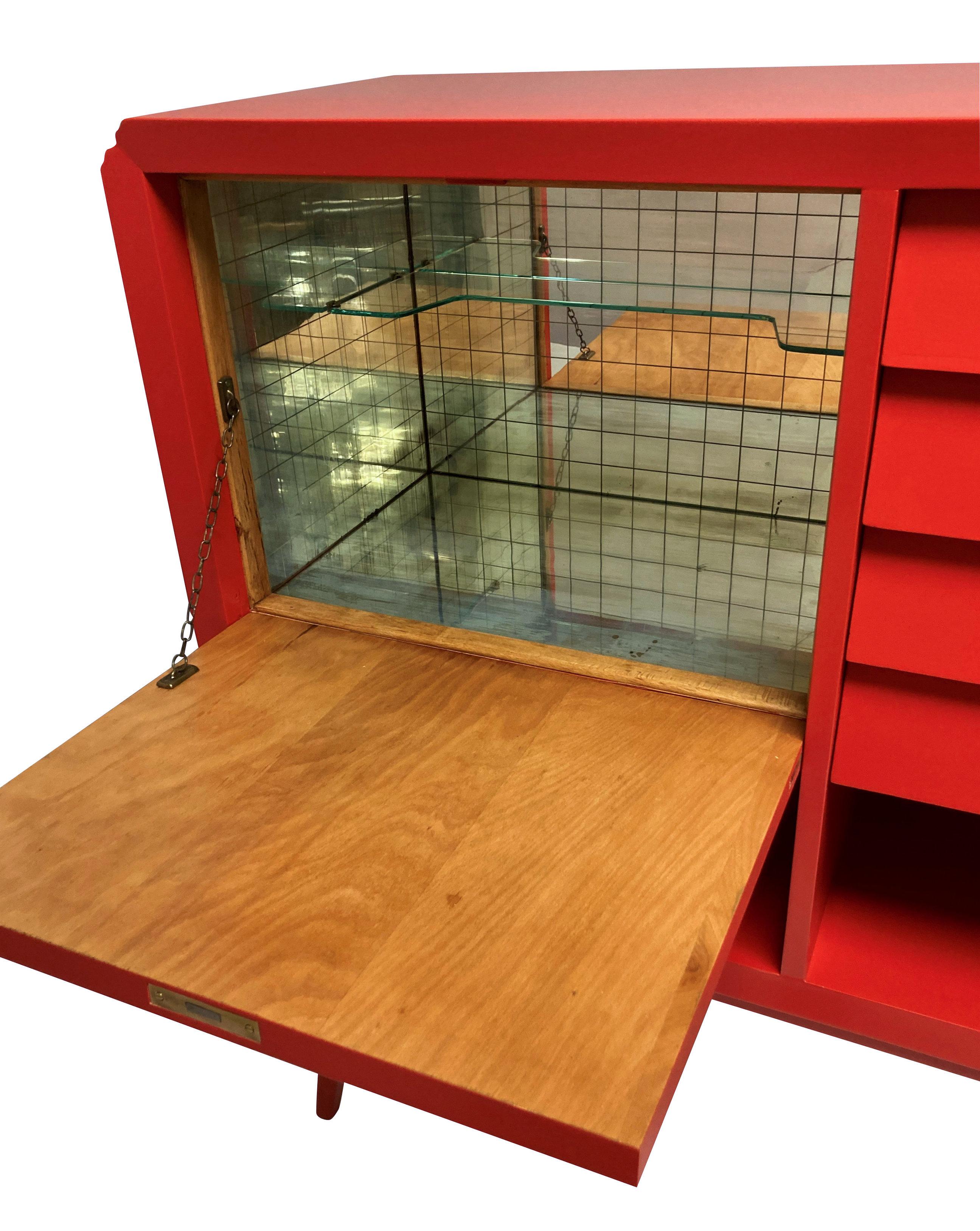 Mid-Century Modern Midcentury Scarlet Lacquered Bar Cabinet For Sale