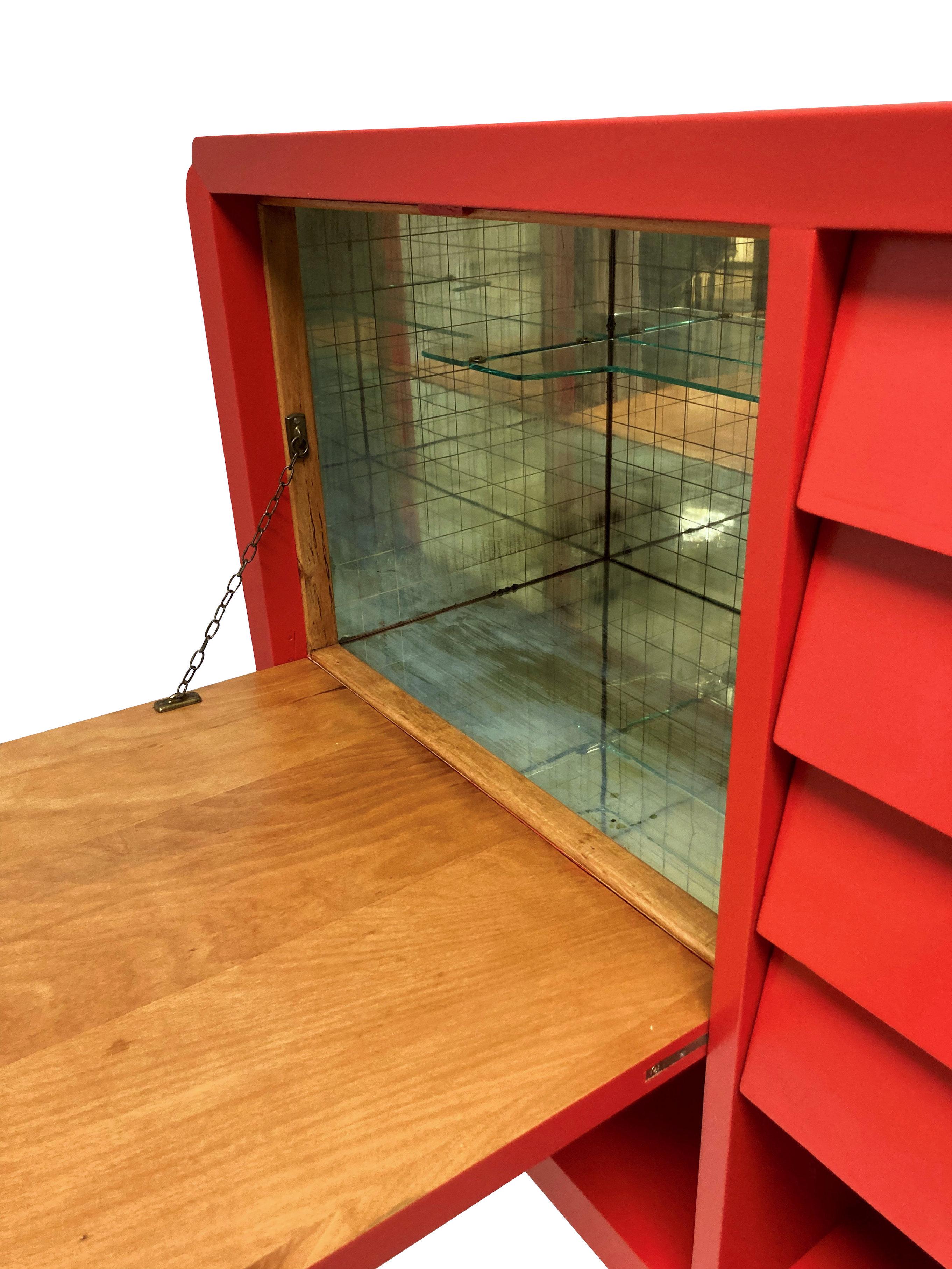 Brass Midcentury Scarlet Lacquered Bar Cabinet For Sale