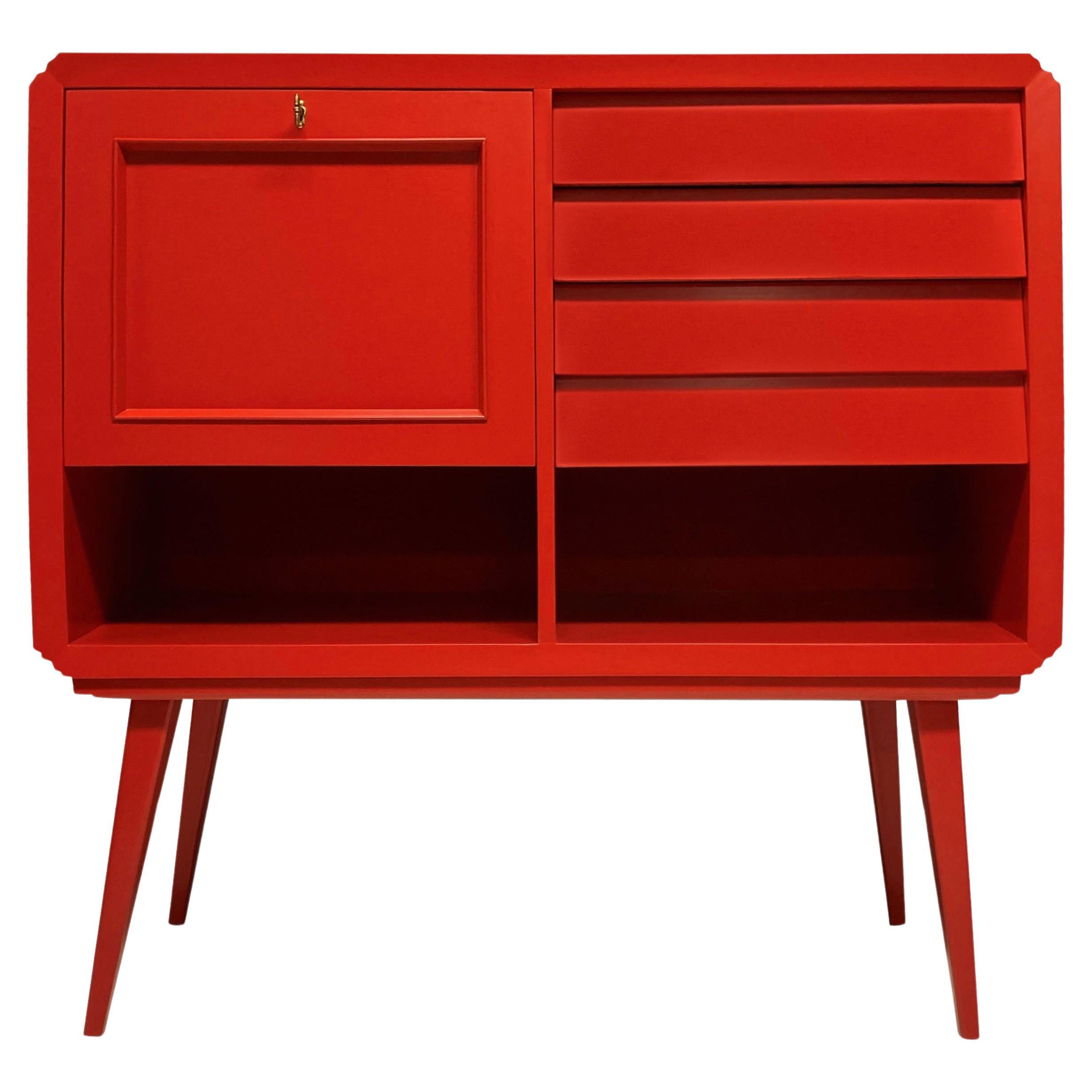 Midcentury Scarlet Lacquered Bar Cabinet For Sale