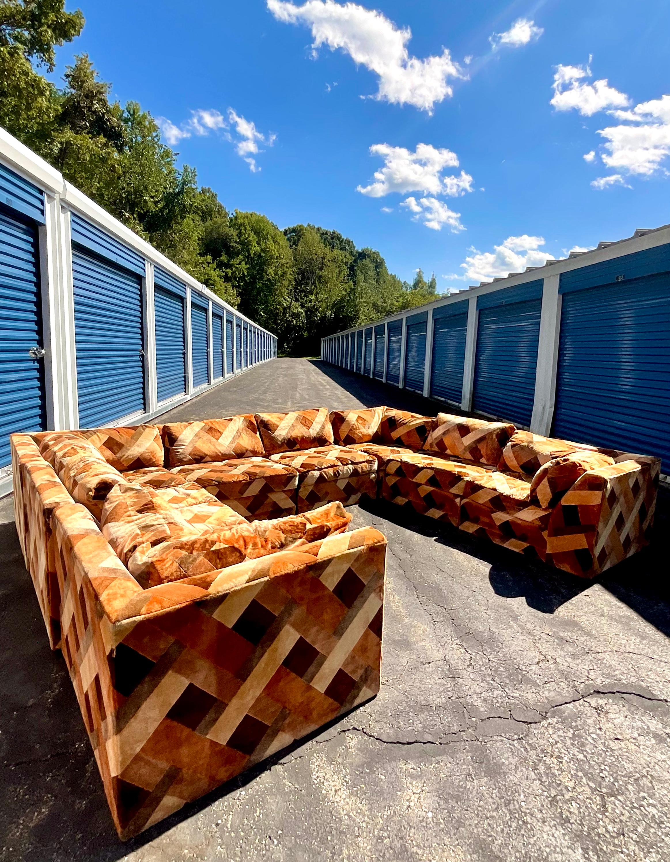 Incredible Midcentury vintage velvet sectional sofa. Made by the iconic Schnadig International. 8 block pieces that can be moved around to accommodate your mood or room. Acquired from a Philadelphia estate.