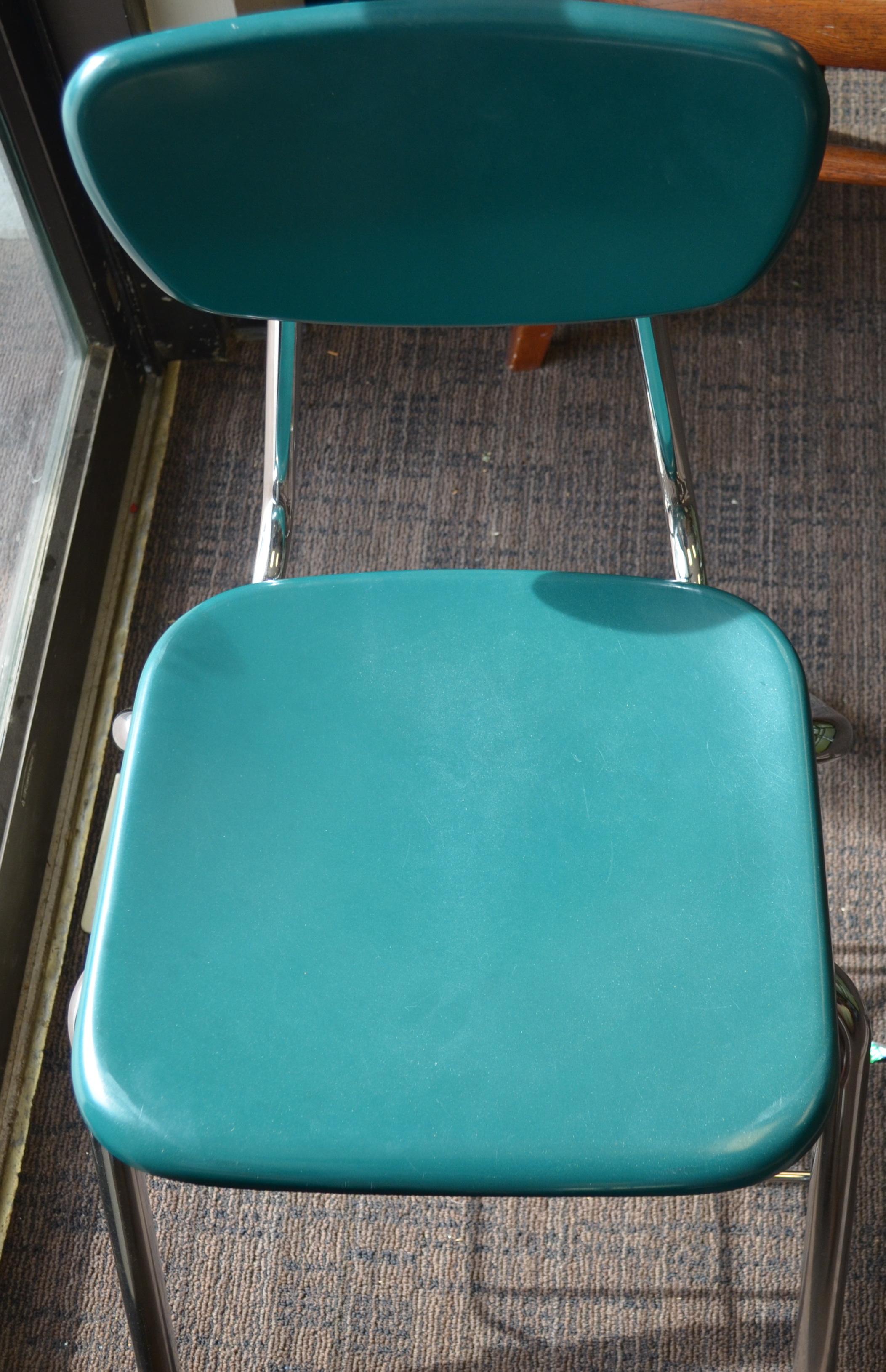 Midcentury School Chair Green Fiberglass Steel Chrome Book Basket, 30