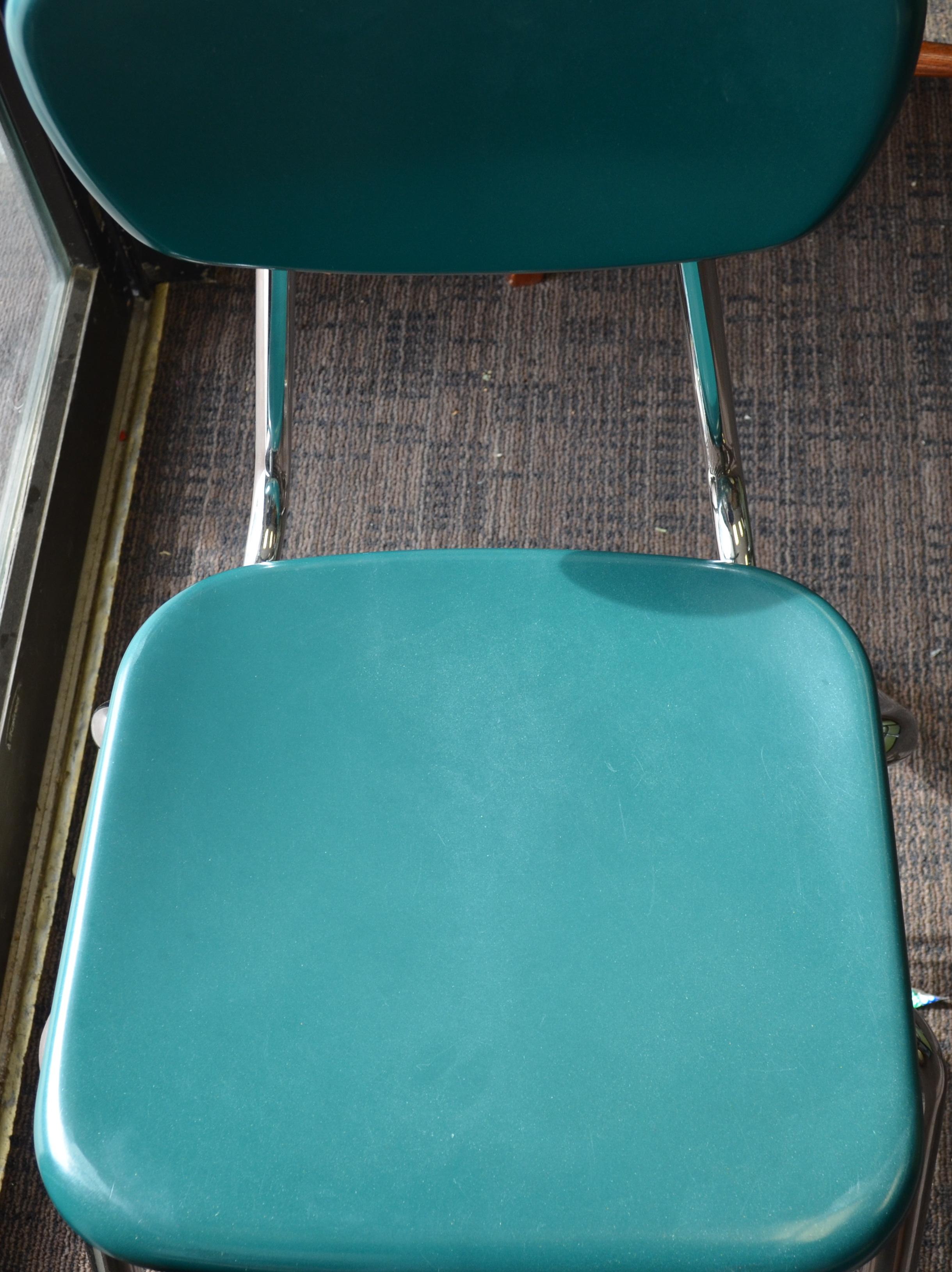 Midcentury School Chair Green Fiberglass Steel Chrome Book Basket, 30