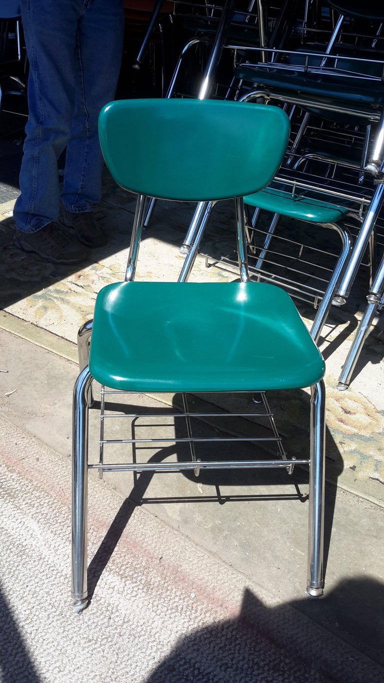 Midcentury School Chair Green Fiberglass Steel Chrome Book Basket 30 Available
