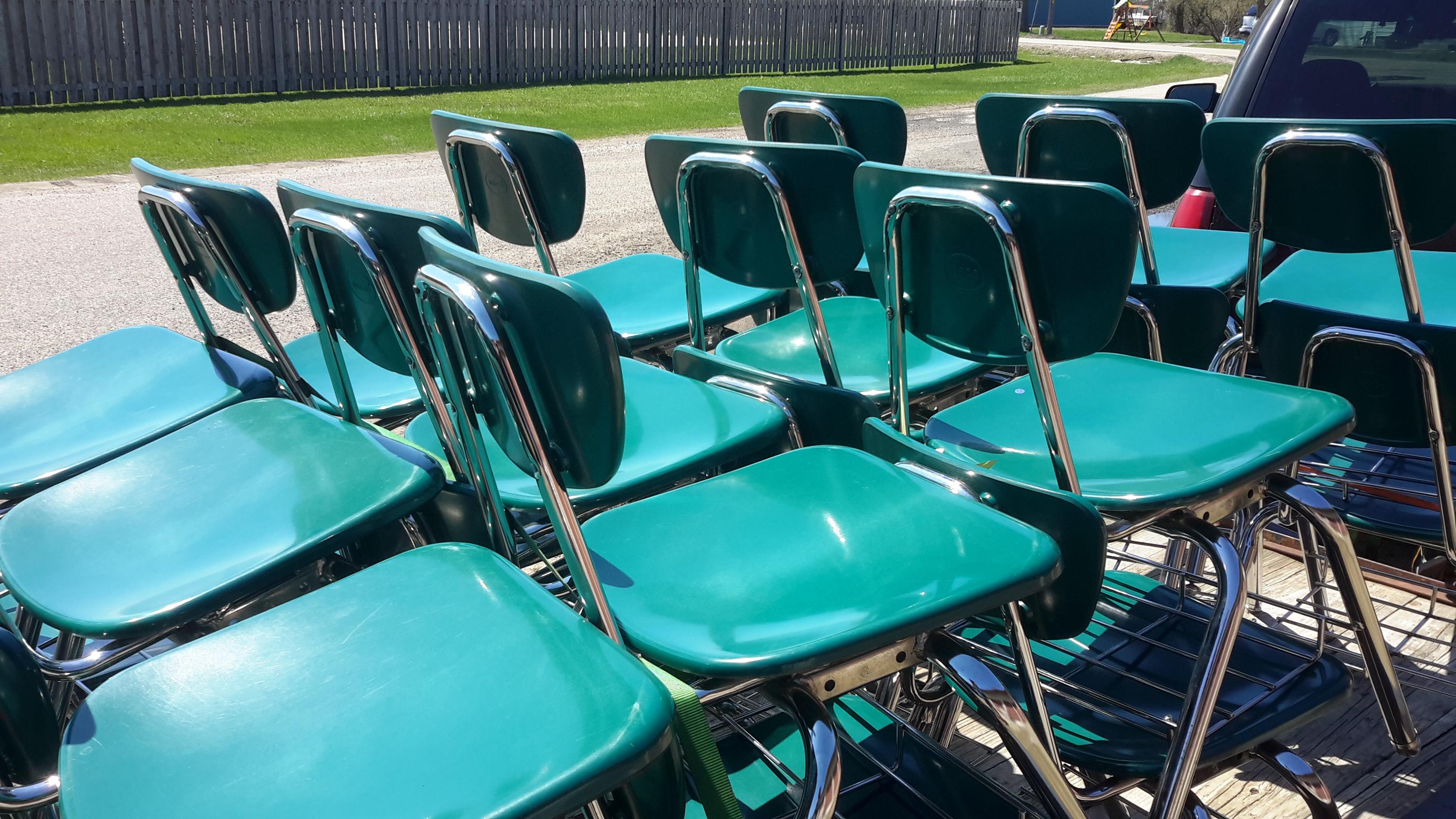 Midcentury School Chair Green Fiberglass Steel Chrome Book Basket, 30