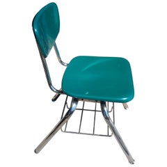 Used Midcentury School Chair Green Fiberglass Steel Chrome Book Basket, 30 Available