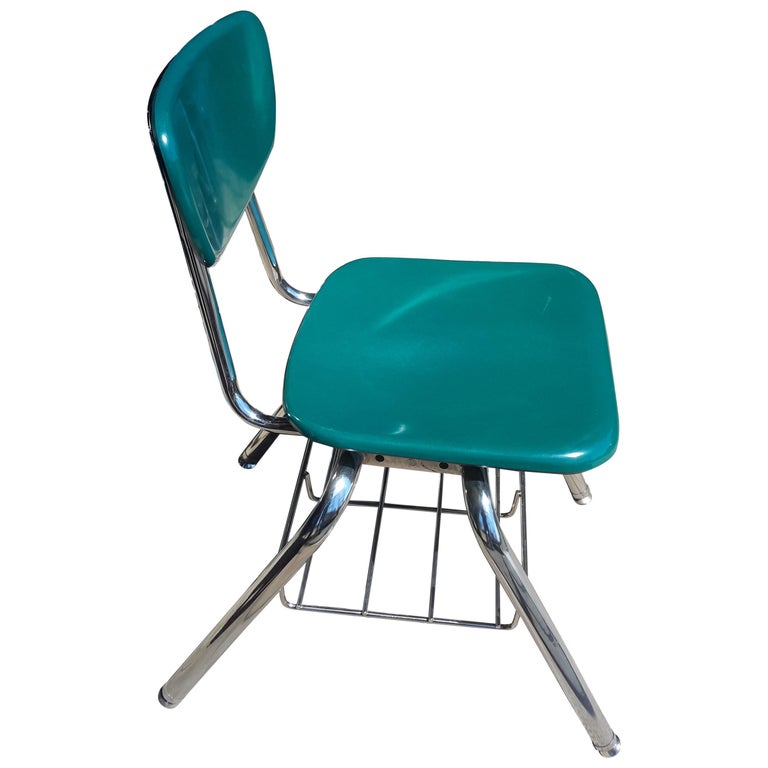Midcentury School Chair Green Fiberglass Steel Chrome Book Basket, 30