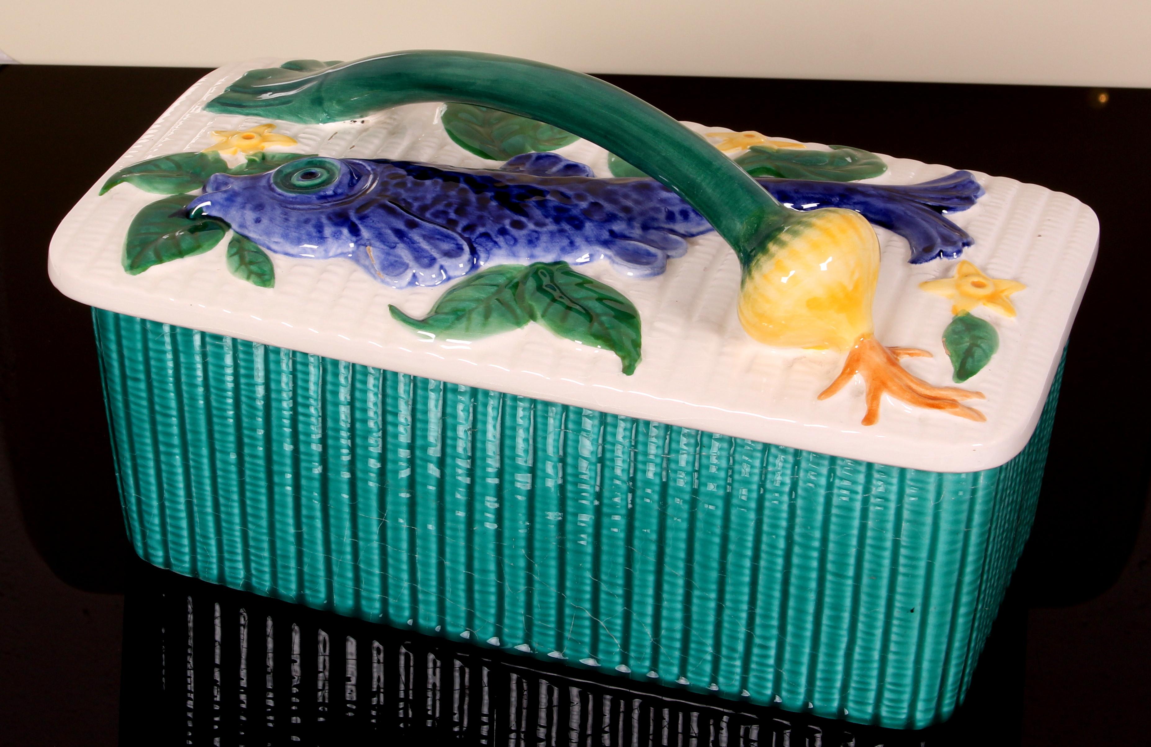SCHRAMBERG MAIOLICA di metà secolo  scatola Barbotine FISH TUREEN TERRINE dipinta a mano in vendita 9