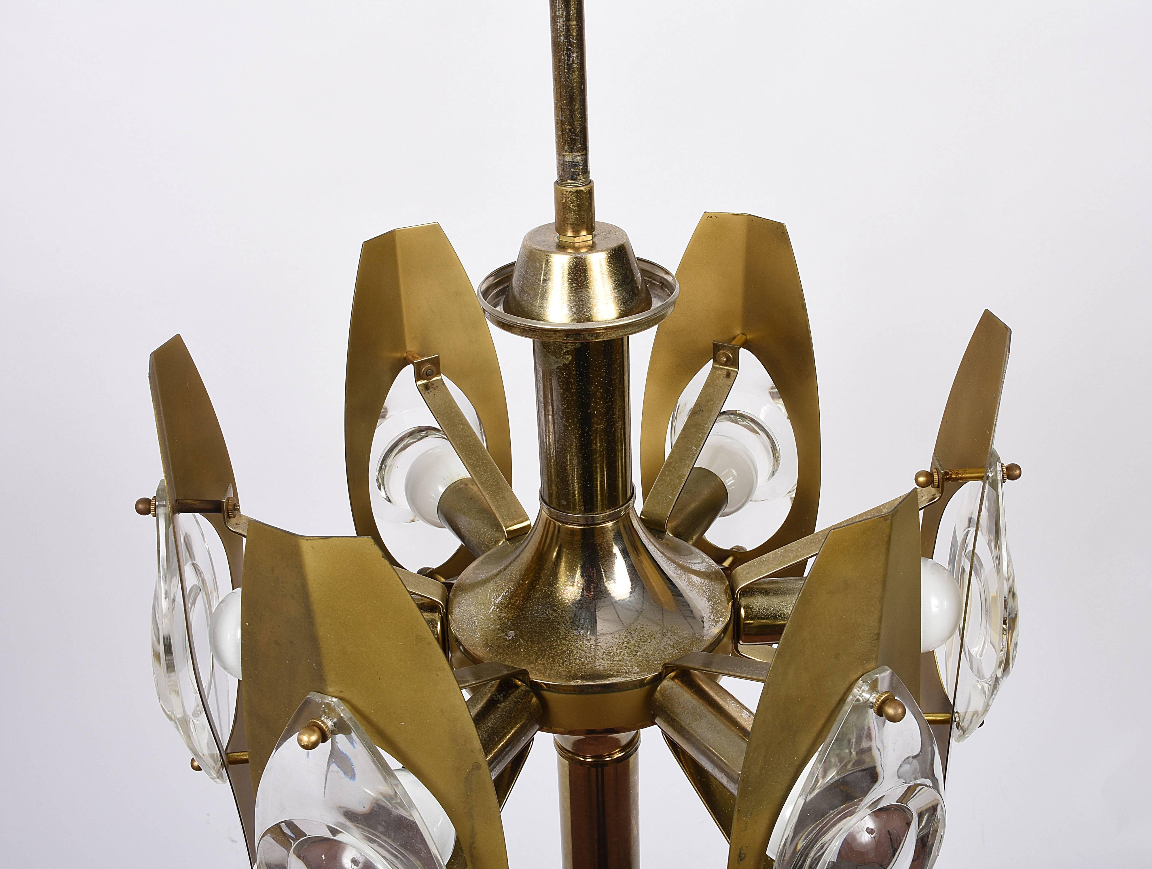 Midcentury Sciolari Glass and Polished Gilt Brass Italian Chandelier, 1960s For Sale 6