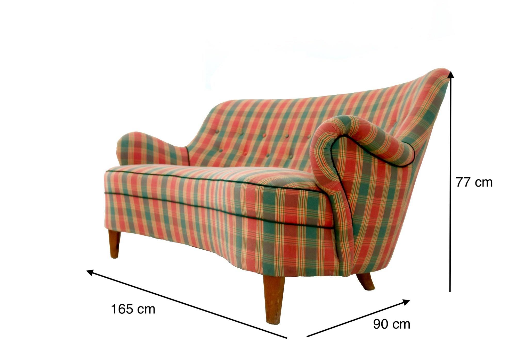 Midcentury Scottish Patterned Red, Green and Yellow Fabric Sofa, Italy 1950s 1