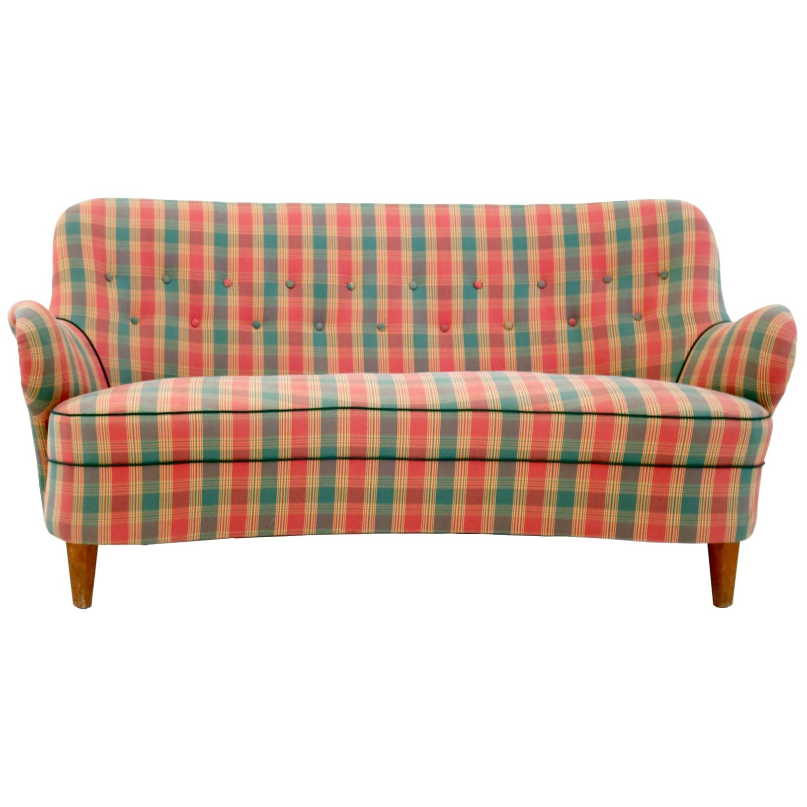 Midcentury Scottish Patterned Red, Green and Yellow Fabric Sofa, Italy 1950s