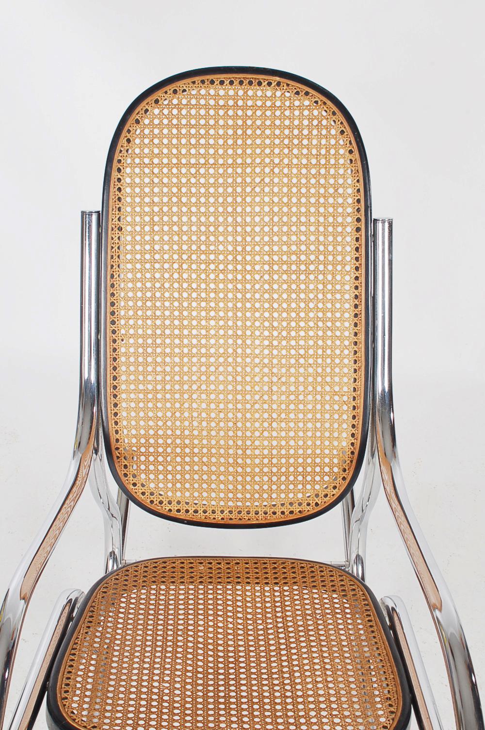 Mid-Century Modern Midcentury Scrolled Chrome and Cane Rocking Chair in the Manner of Marcel Breuer For Sale
