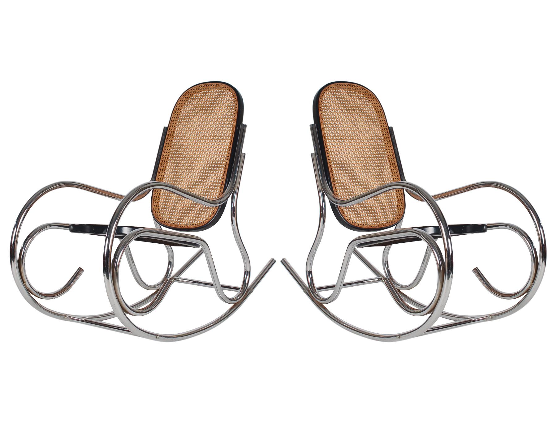 Italian Midcentury Scrolled Chrome and Cane Rocking Chair in the Manner of Marcel Breuer For Sale