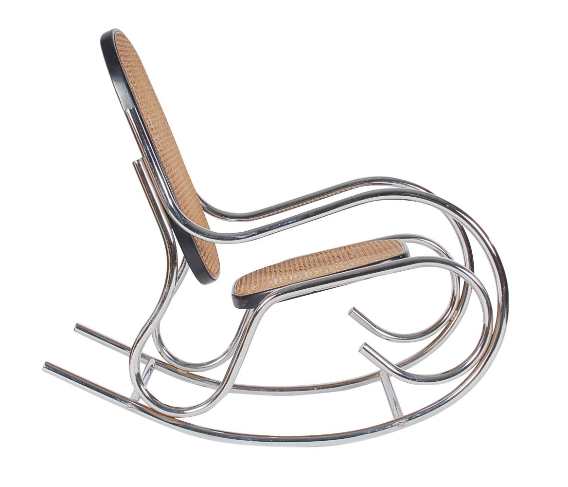 Midcentury Scrolled Chrome and Cane Rocking Chair in the Manner of Marcel Breuer In Good Condition For Sale In Philadelphia, PA