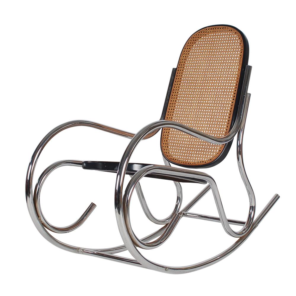 Late 20th Century Midcentury Scrolled Chrome and Cane Rocking Chair in the Manner of Marcel Breuer For Sale