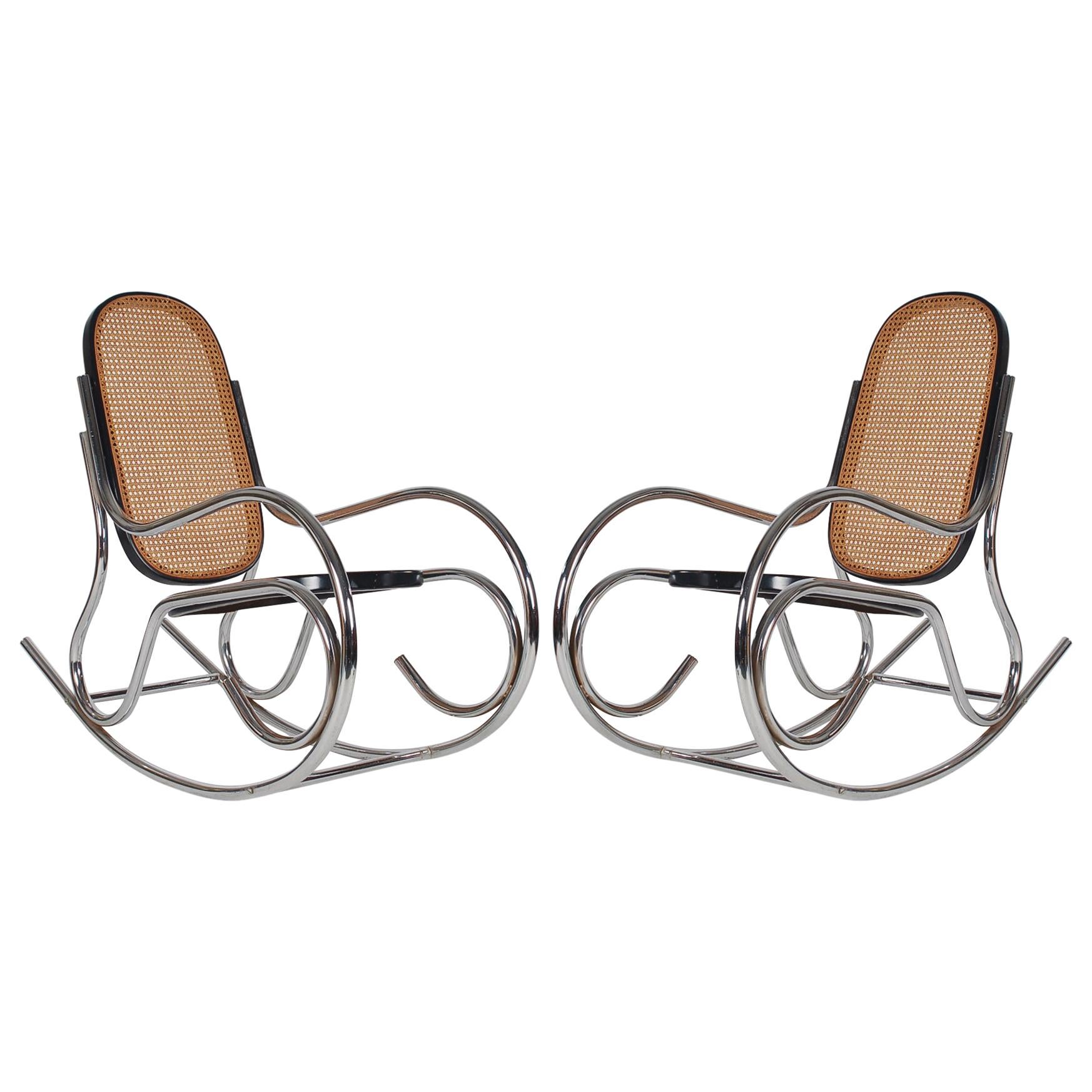 Midcentury Scrolled Chrome and Cane Rocking Chair in the Manner of Marcel Breuer For Sale