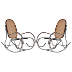 Midcentury Scrolled Chrome and Cane Rocking Chair in the Manner of Marcel Breuer