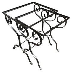Retro Midcentury Scrolling Iron Patio Nesting Side Tables with Glass Tops, Pair