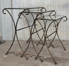 Midcentury Scrolling Iron Patio Nesting Side Tables with Glass Tops, Set of 3