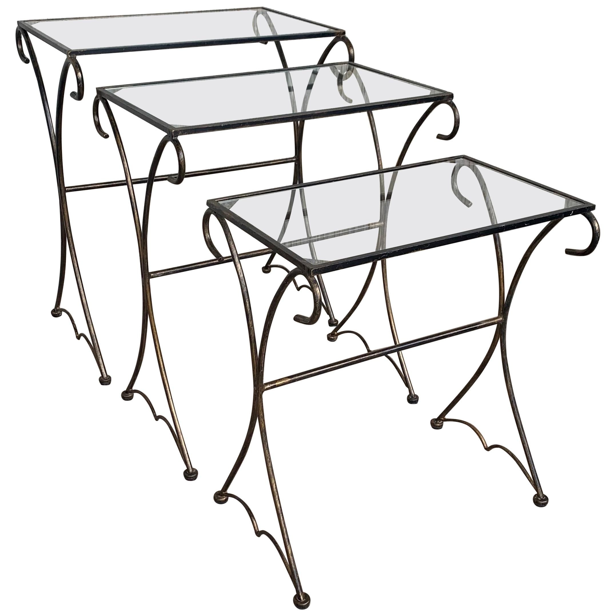 Midcentury Scrolling Iron Patio Nesting Side Tables with Glass Tops, Set of 3 For Sale