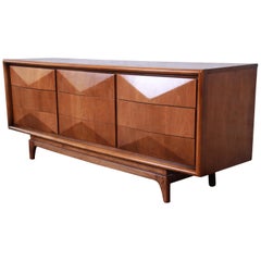 Midcentury Sculpted Walnut Diamond Front Long Dresser or Credenza by United