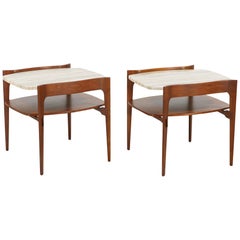 Midcentury Sculpted Walnut & Italian Travertine Side Tables by Gordon Furniture