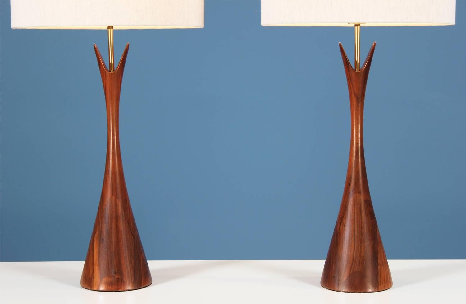 American Midcentury Sculpted Walnut Table Lamps by Modernera Lamp Co.