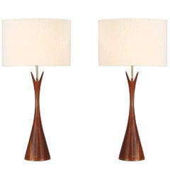 Midcentury Sculpted Walnut Table Lamps by Modernera Lamp Co.