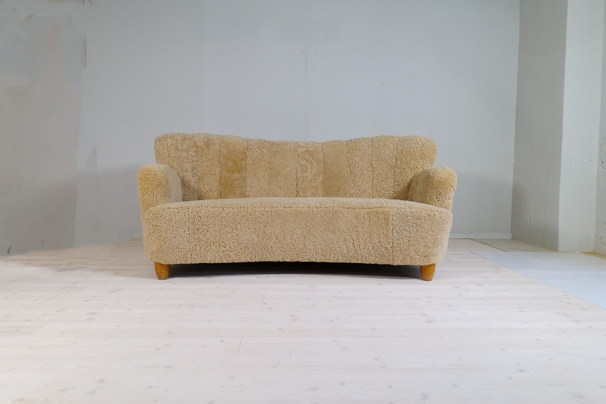 Scandinavian Modern Midcentury Sculptrual Sheepskin/Shearling Sofa in Manors of Marta Blomstedt