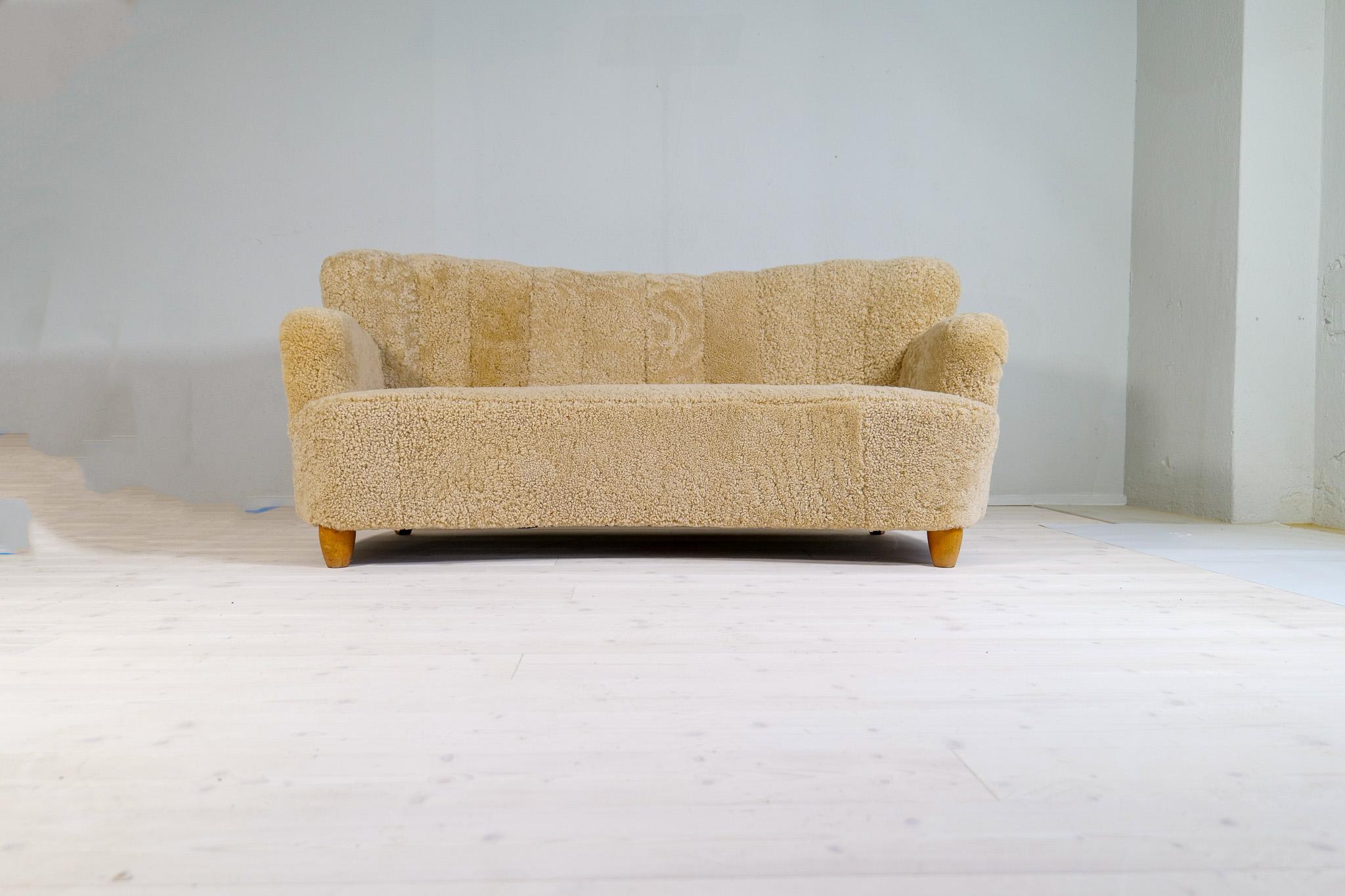 Swedish Midcentury Sculptrual Sheepskin/Shearling Sofa in Manors of Marta Blomstedt