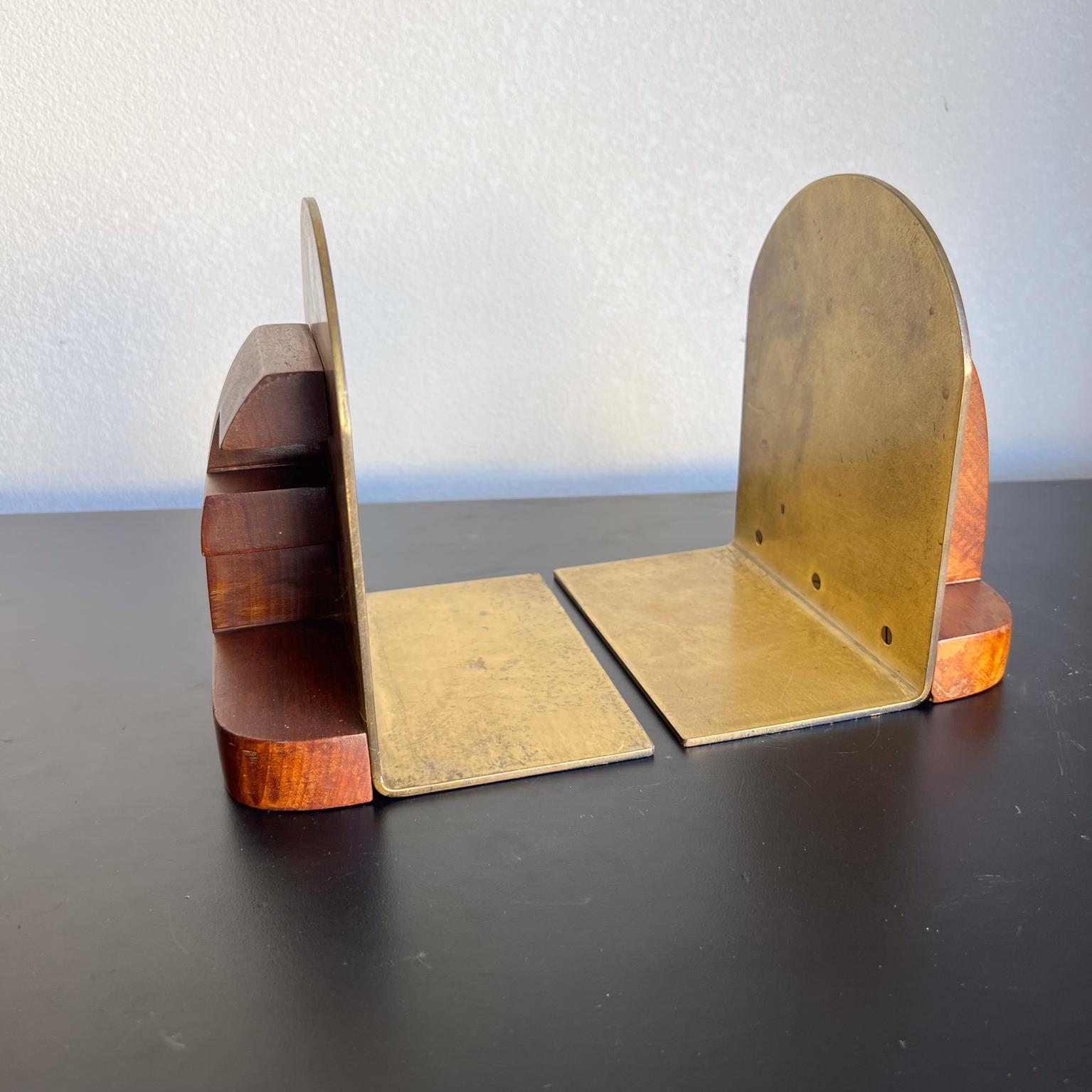 Mid-Century Modern Midcentury Sculptural Bookends Brass and Wood For Sale