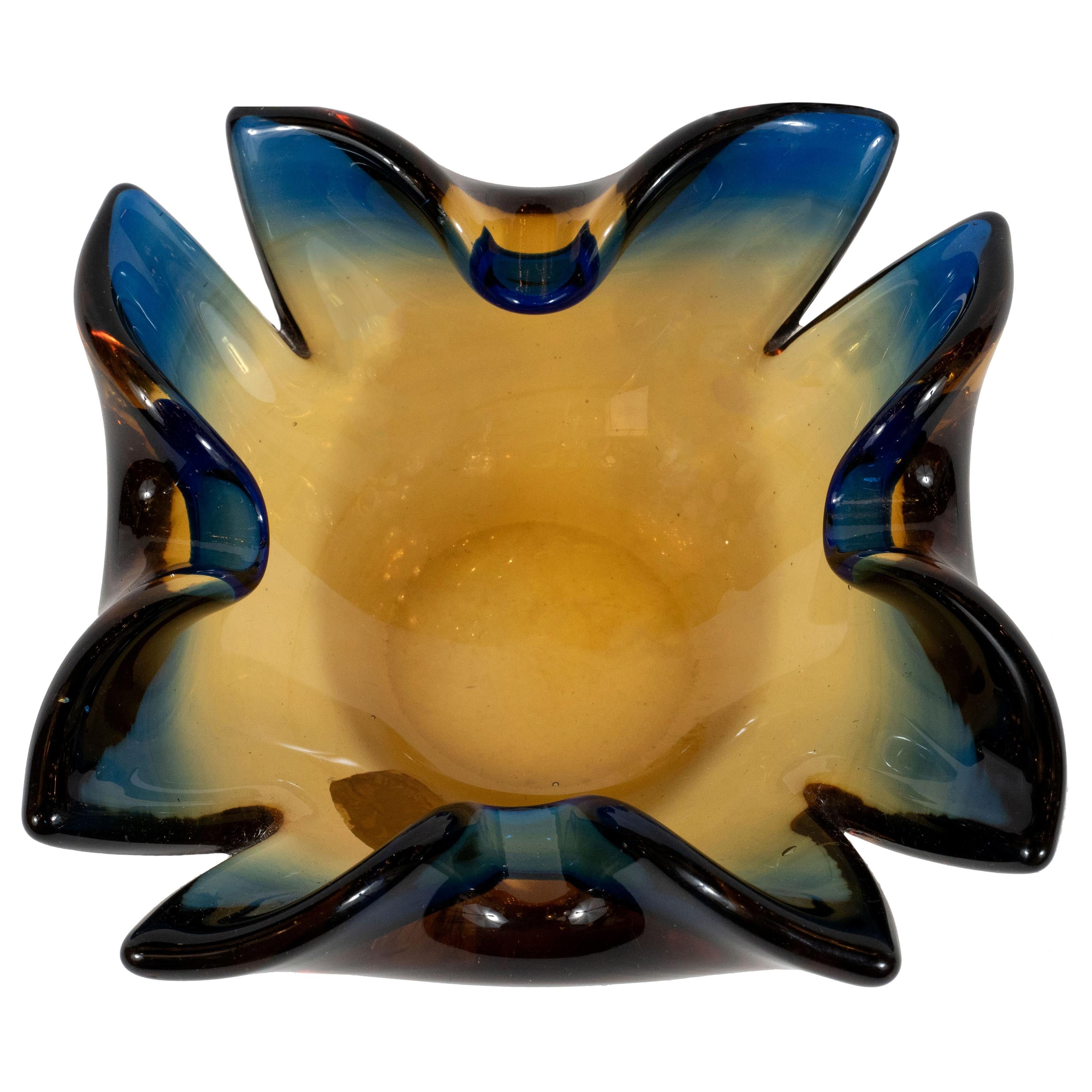 Midcentury Sculptural Hand Blown Murano Bowl in Sapphire and Smoked Citrine