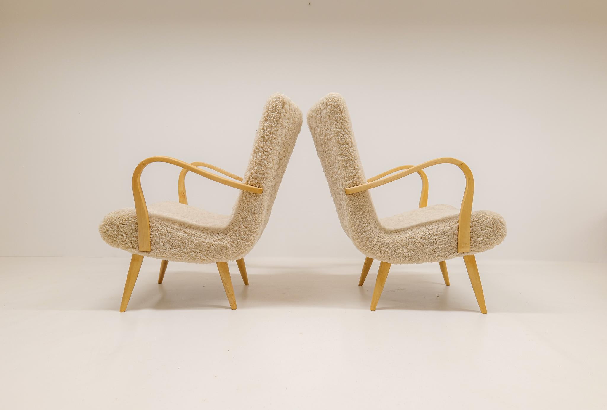 Midcentury Sculptural Lounge Chairs in Sheepskin Shearling Sweden 1950s 4
