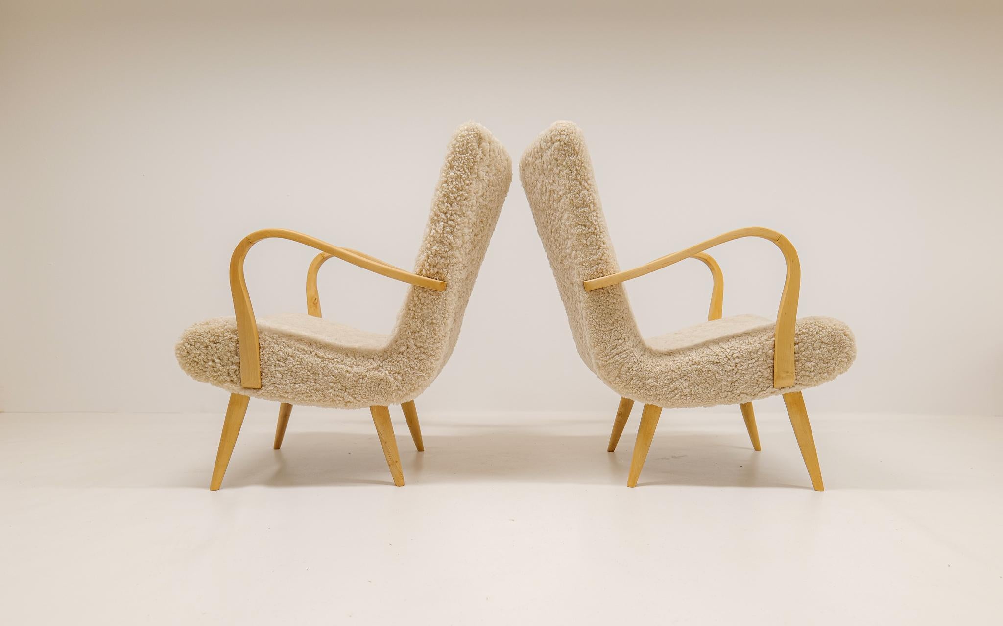 Midcentury Sculptural Lounge Chairs in Sheepskin Shearling Sweden 1950s 5
