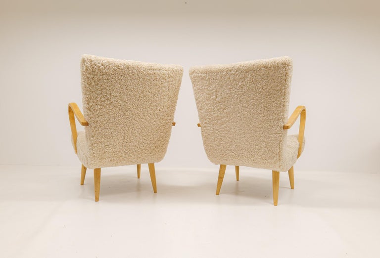 Midcentury Sculptural Lounge Chairs in Sheepskin Shearling Sweden 1950s For Sale 6