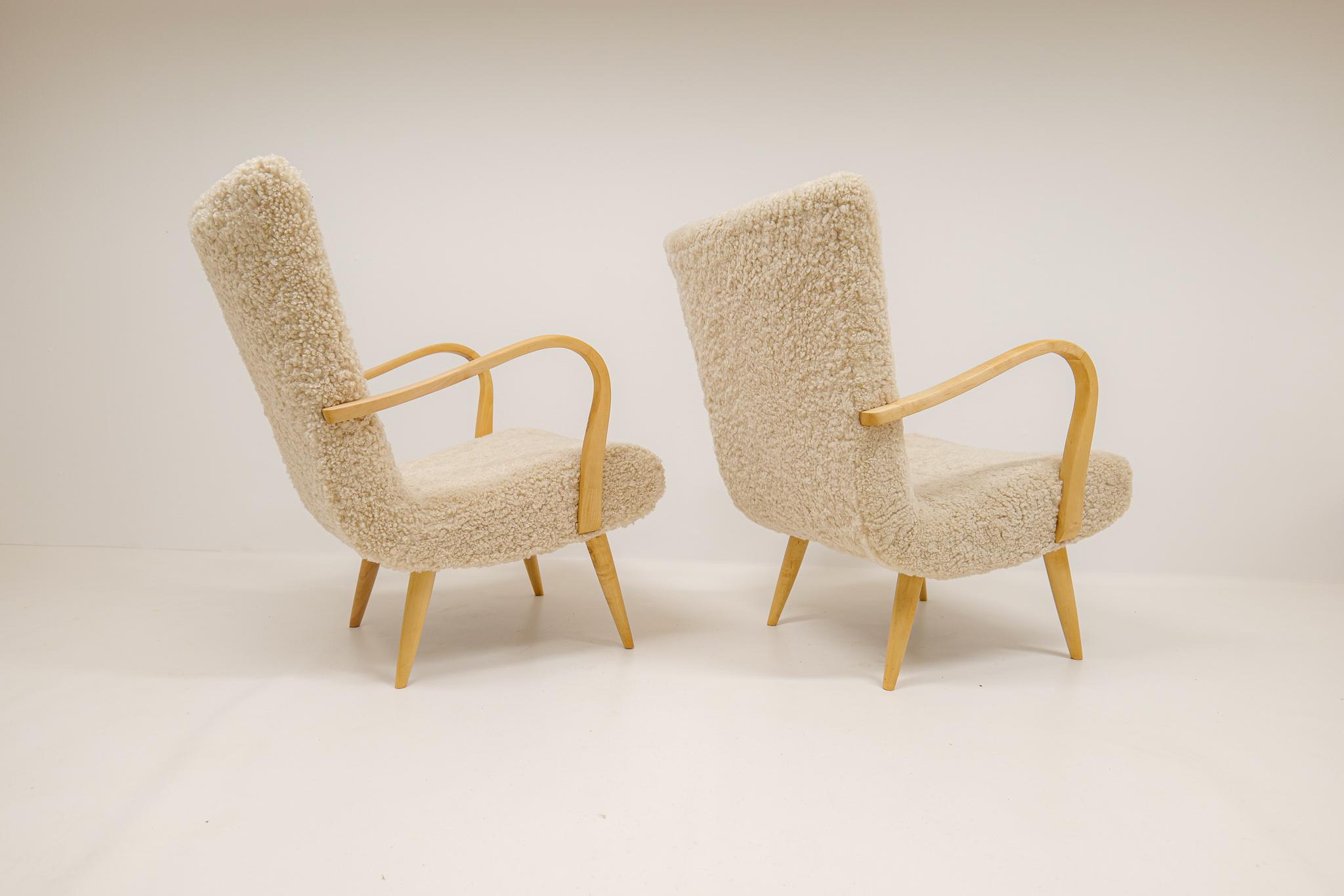 Midcentury Sculptural Lounge Chairs in Sheepskin Shearling Sweden 1950s 7