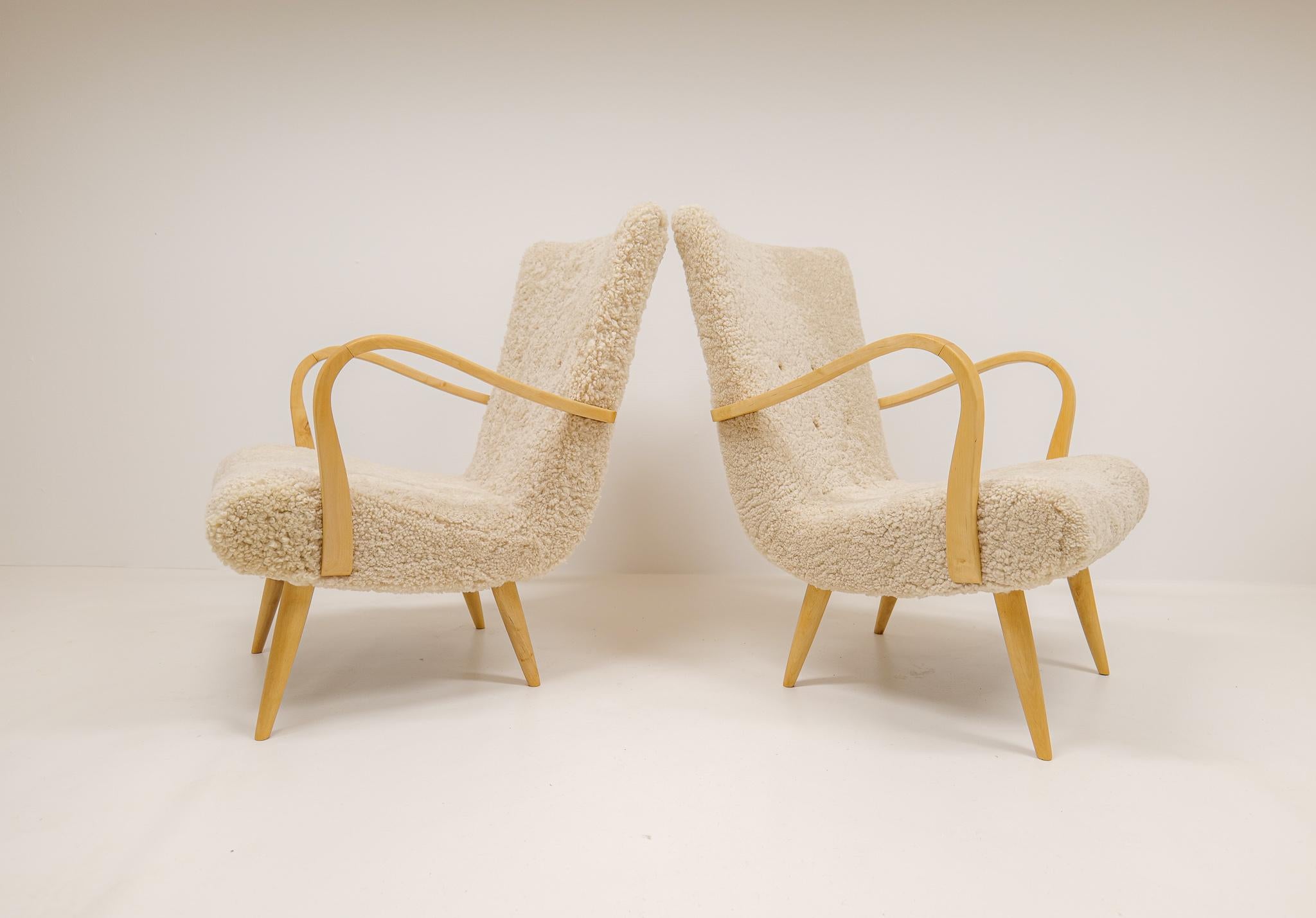 Midcentury Sculptural Lounge Chairs in Sheepskin Shearling Sweden 1950s 10
