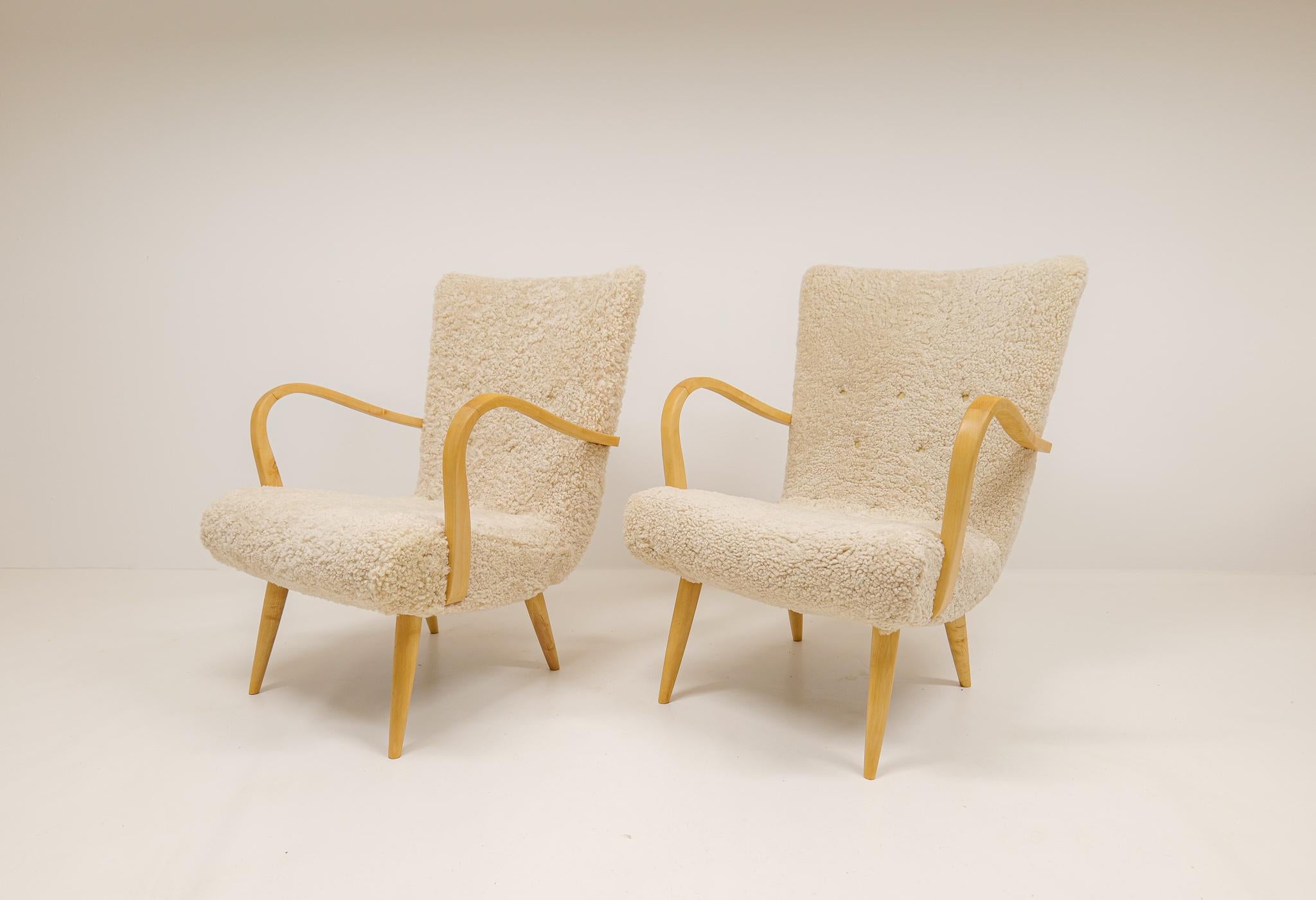 Mid-Century Modern Midcentury Sculptural Lounge Chairs in Sheepskin Shearling Sweden 1950s