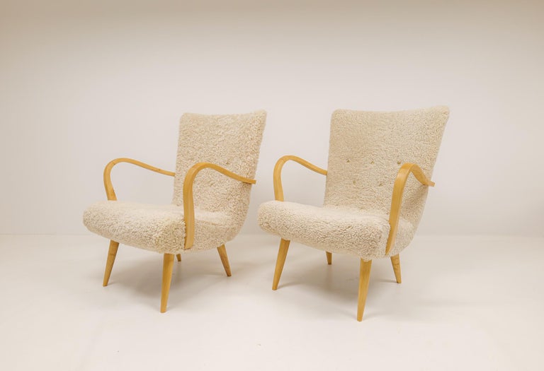 Mid-Century Modern Midcentury Sculptural Lounge Chairs in Sheepskin Shearling Sweden 1950s For Sale