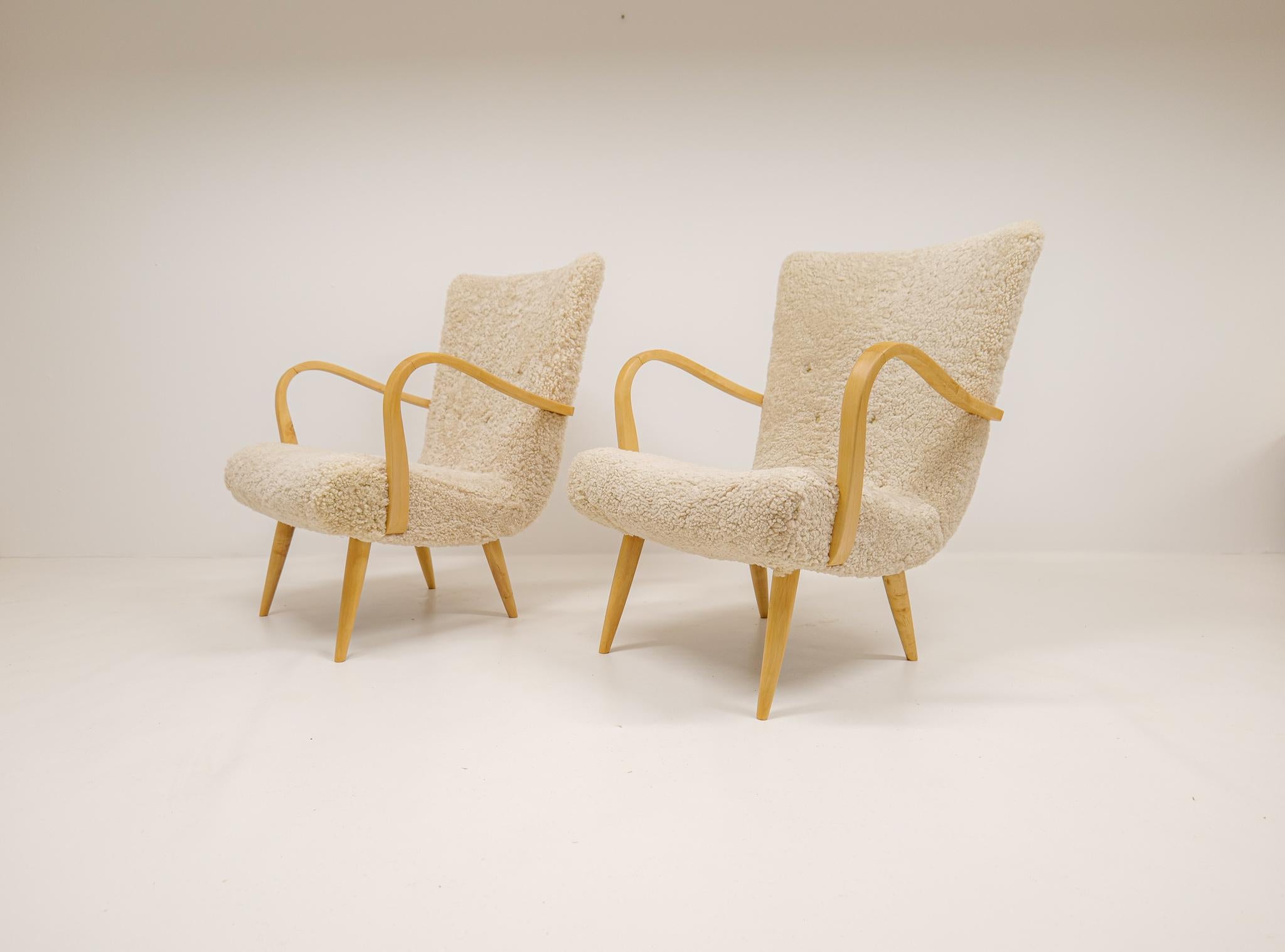 Swedish Midcentury Sculptural Lounge Chairs in Sheepskin Shearling Sweden 1950s
