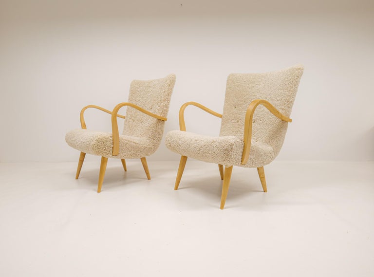Swedish Midcentury Sculptural Lounge Chairs in Sheepskin Shearling Sweden 1950s For Sale