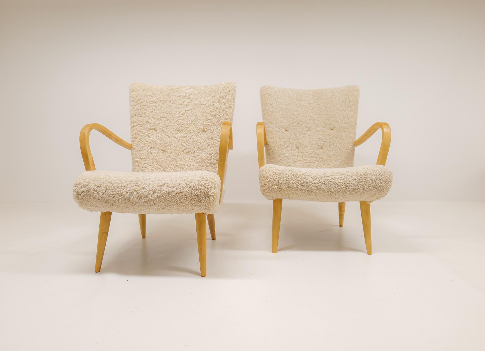 Mid-20th Century Midcentury Sculptural Lounge Chairs in Sheepskin Shearling Sweden 1950s