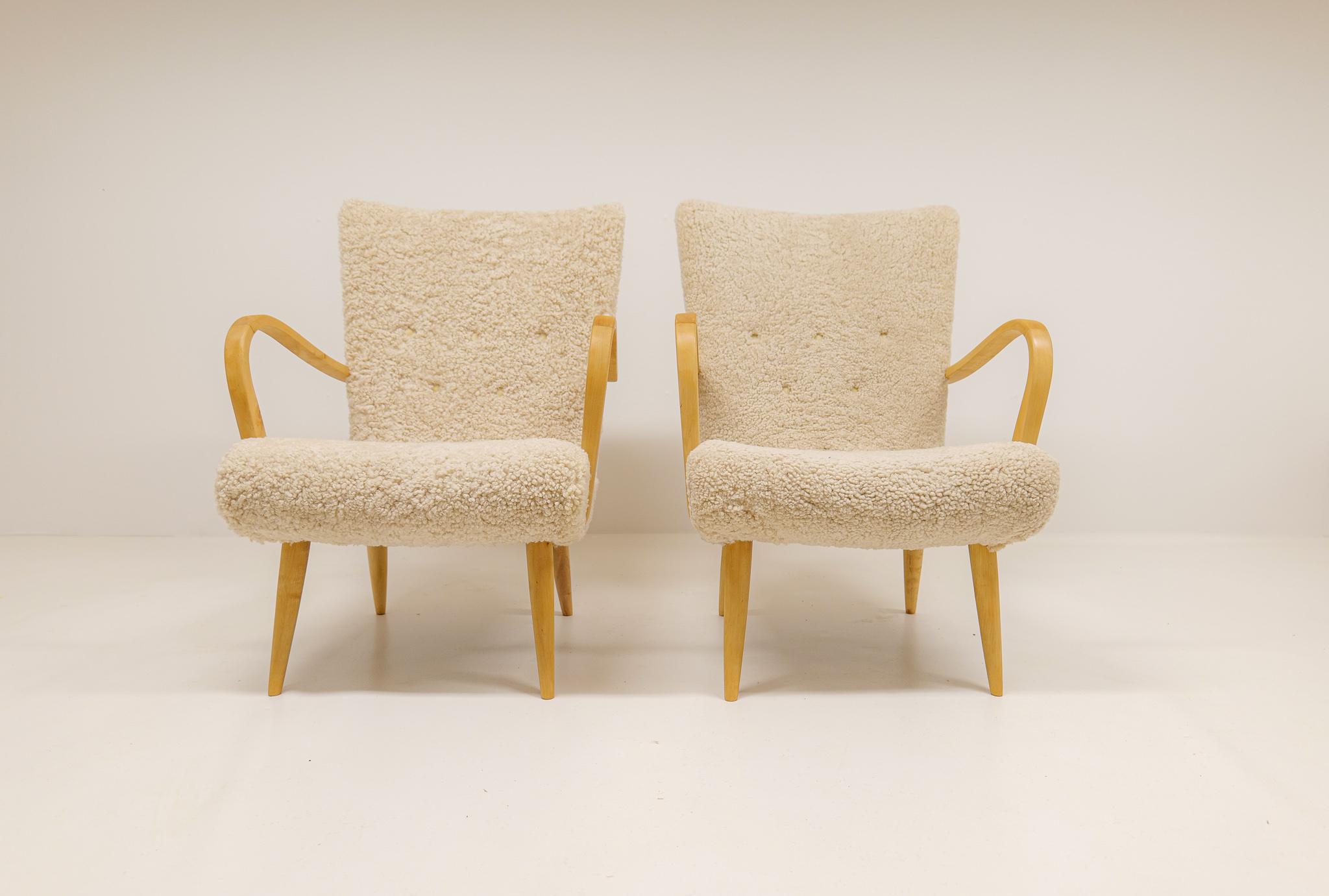 Midcentury Sculptural Lounge Chairs in Sheepskin Shearling Sweden 1950s 1