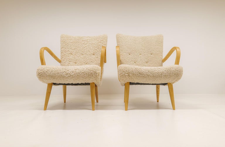 Midcentury Sculptural Lounge Chairs in Sheepskin Shearling Sweden 1950s For Sale 2