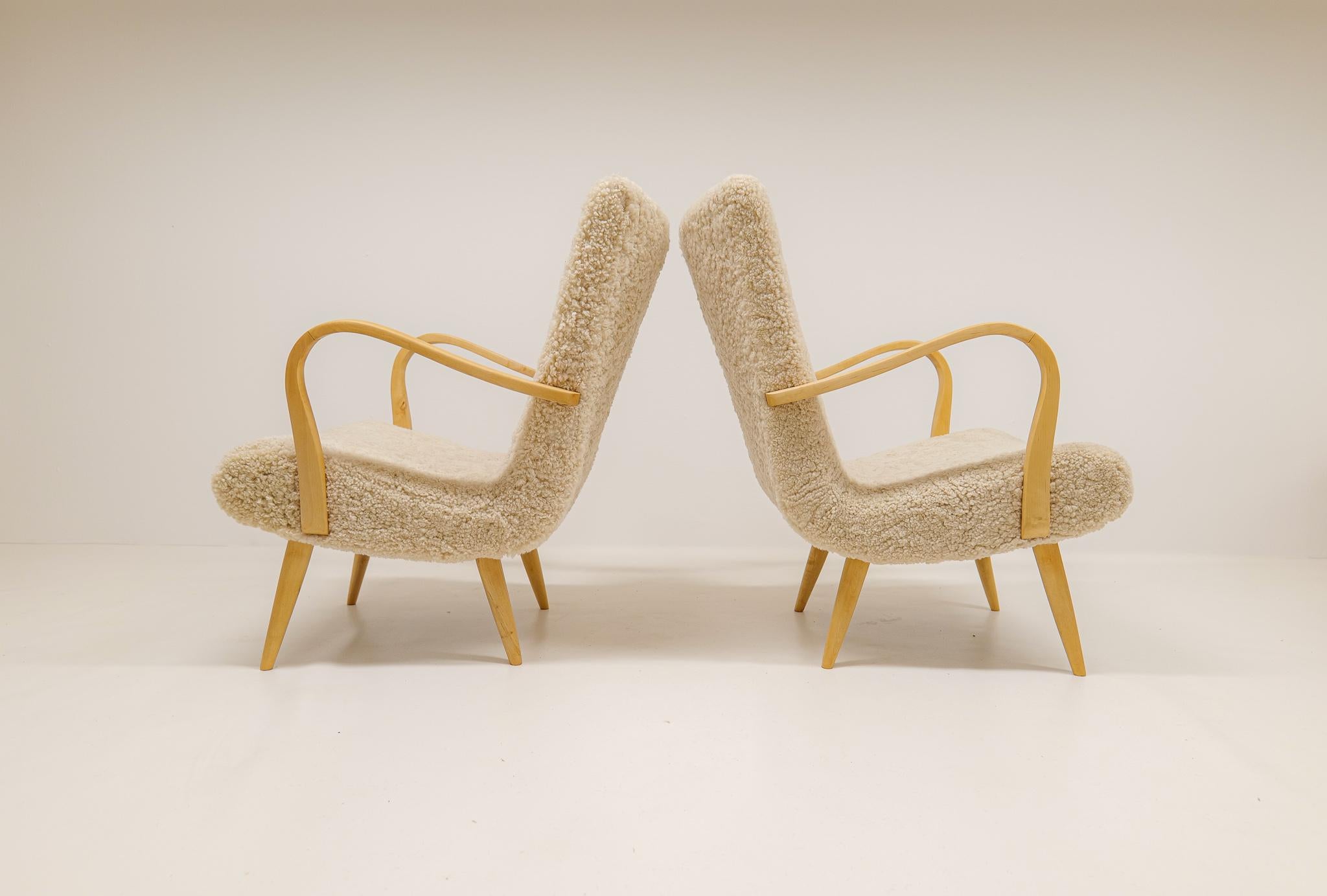 Midcentury Sculptural Lounge Chairs in Sheepskin Shearling Sweden 1950s 3