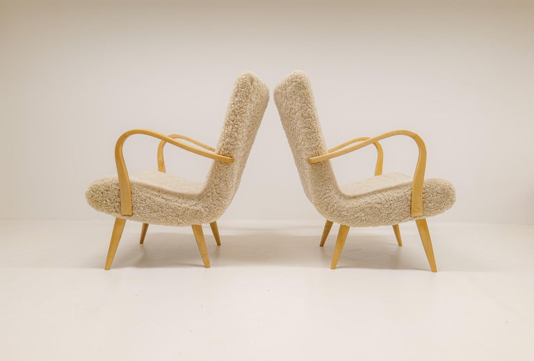 Midcentury Sculptural Lounge Chairs in Sheepskin Shearling Sweden 1950s For Sale 3