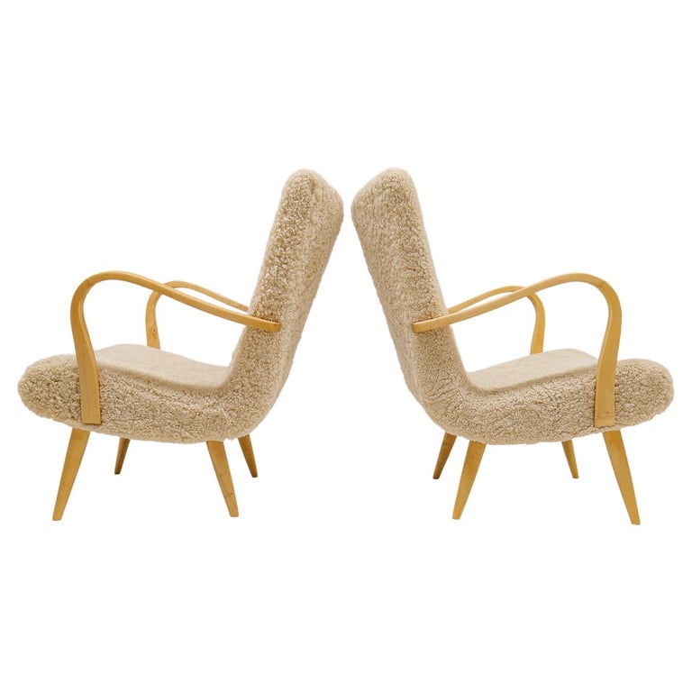 Midcentury Sculptural Lounge Chairs in Sheepskin Shearling Sweden 1950s For Sale