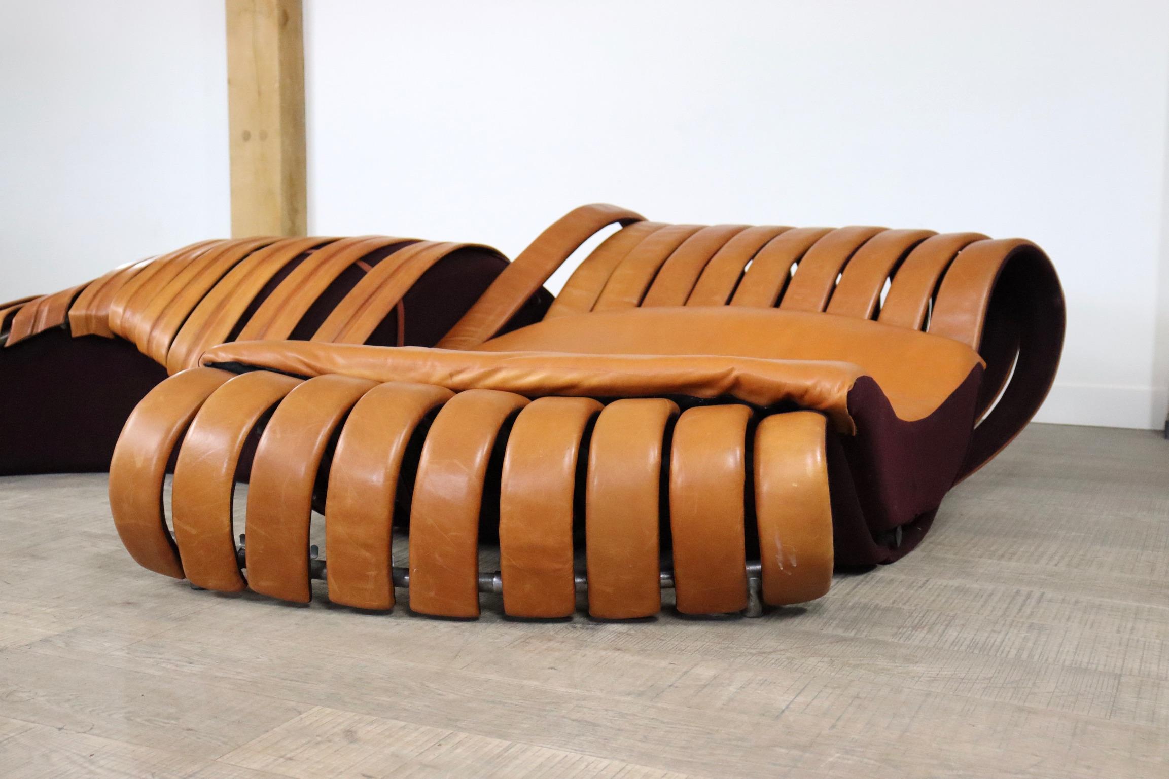 Midcentury Sculptural lounge sofa in cognac leather, France 1980s 9
