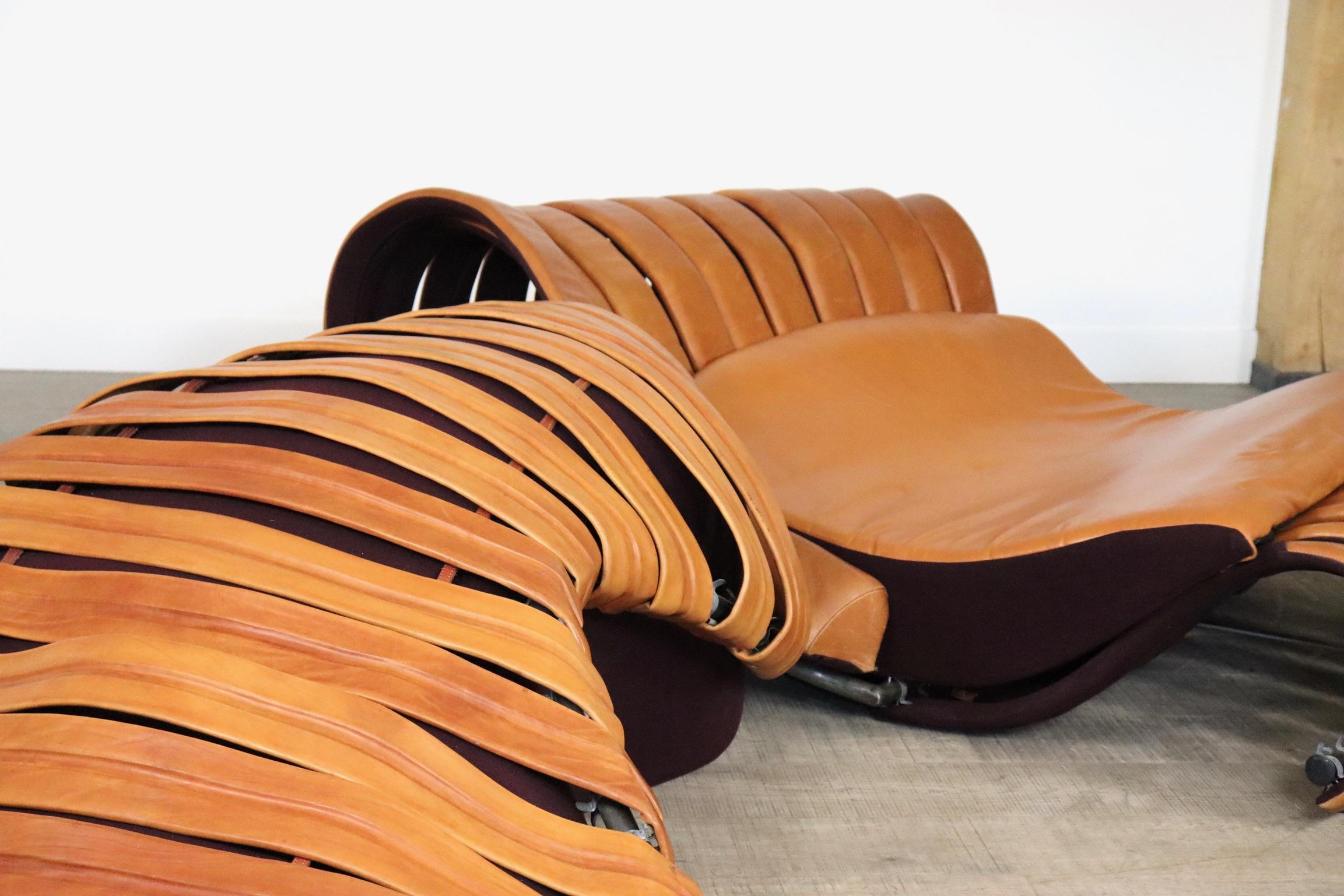 Midcentury Sculptural lounge sofa in cognac leather, France 1980s 3