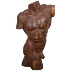 Midcentury Sculptural Male Torso in Carved Brazilian Mahogany