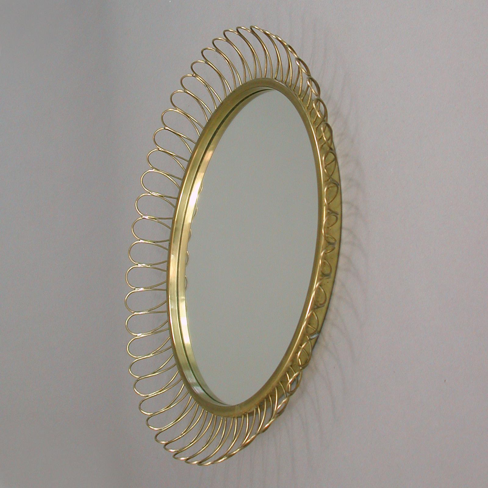 Midcentury Sculptural Round Brass Wall Mirror, Sweden, 1950s For Sale 3